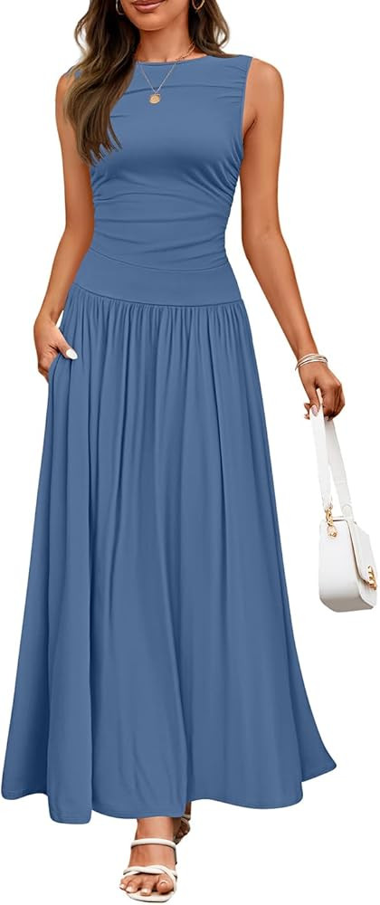 ZESICA Women's Summer Sleeveless Maxi Dress 2025 Casual Crewneck Pleated Flowy Long Dress with Po... | Amazon (US)