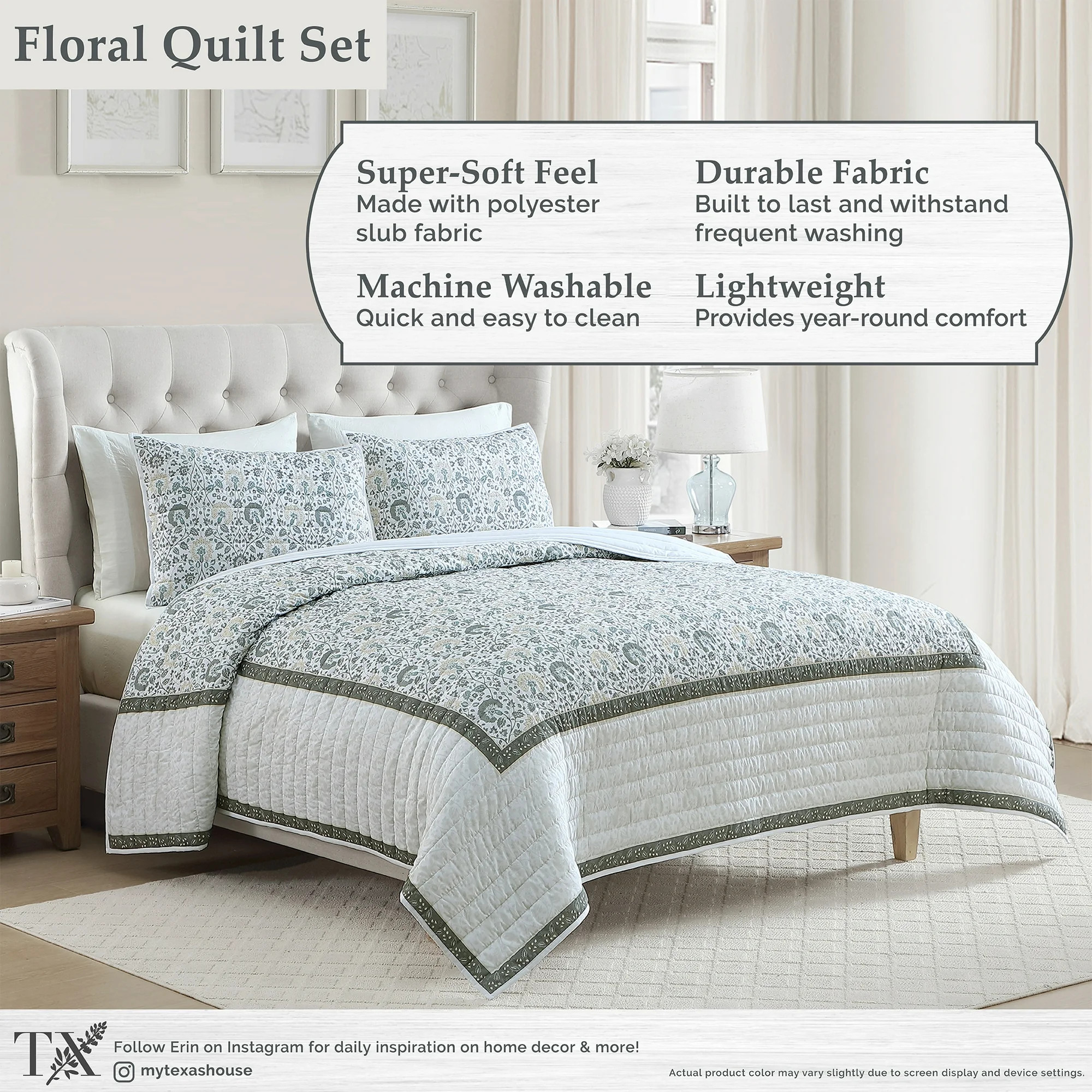 My Texas House Full/Queen Quilt Set, All-Season, 3-Piece, Sage Capri Jacobean Floral - Walmart.co... | Walmart (US)