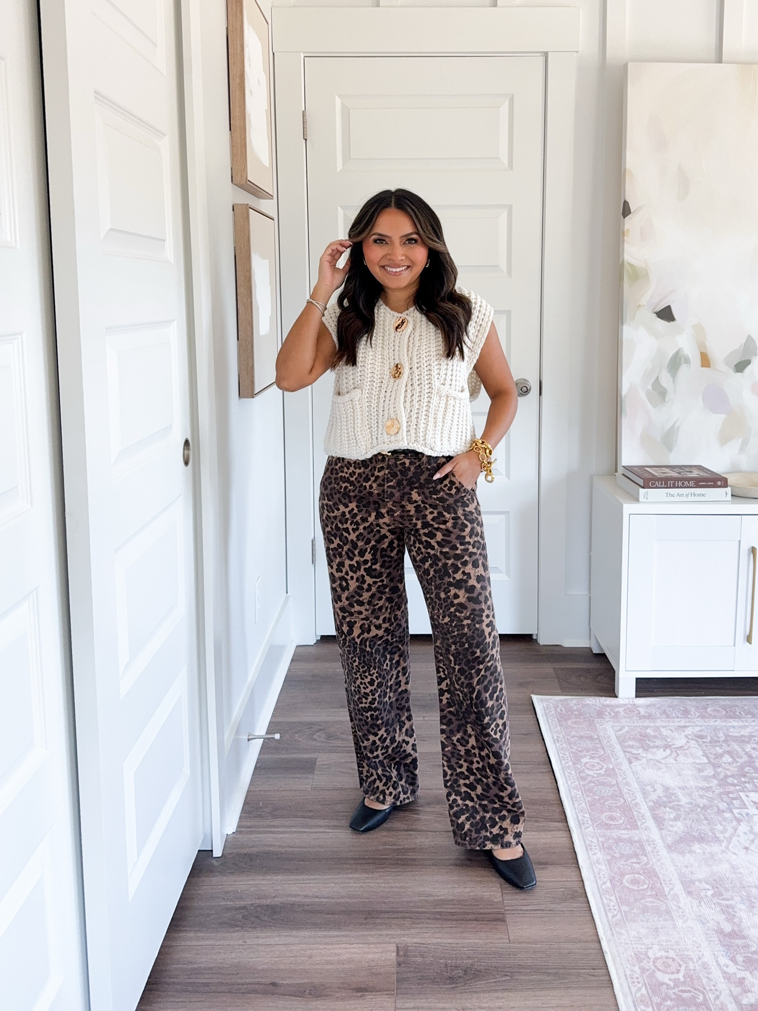 Ivory gold button sweater size small - roomy fit
Leopard print jeans size 26 short TTS
Black flats - old, similar linked

#LTKSaleAlert #LTKStyleTip #LTKPetite