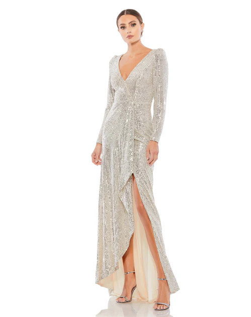Sequined Faux Wrap Long Sleeve Gown | Shop Simon