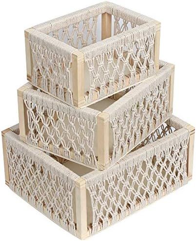 Macrame Storage Baskets for Shelves and Closet, Boho Decorative Storage Basket for Organizing and... | Amazon (US)
