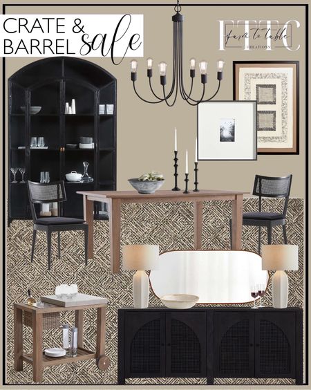 Crate&Barrel Home Sale. Follow @farmtotablecreations on Instagram for more inspiration.

Basque 65" Weathered Light Brown Solid Wood Dining Table. Libby Black Cane Dining Chair. Faux Olive Tree in Pot 5'. Ventana Wide Black Glass and Metal Display Storage Cabinet. Curtis Flint Grey Geometric Area Rug. Oakton Bronze Chandelier Light. Papel con Cuadrados' Framed Paper Wall Art 54.75"x39" by Julio Laja. Brushed Black Metal Picture Frame with Vertical White Mat 4x6. Ophelia Black Ceramic Centerpiece Bowl 14". Century Black Acacia Wood Taper Candle Holders, Set of 3. Geneva Black Wood Sideboard. Amaryllis Large White Ceramic Table Lamp. Penarth Walnut Oval Wall Mirror. Primrose Gold Low Bowl. Mercer Red Wine Glass. Abaco Outdoor Bar Cart. Dining Room Decor. Dining Room Inspiration. 

#LTKhome #LTKsalealert #LTKfindsunder50