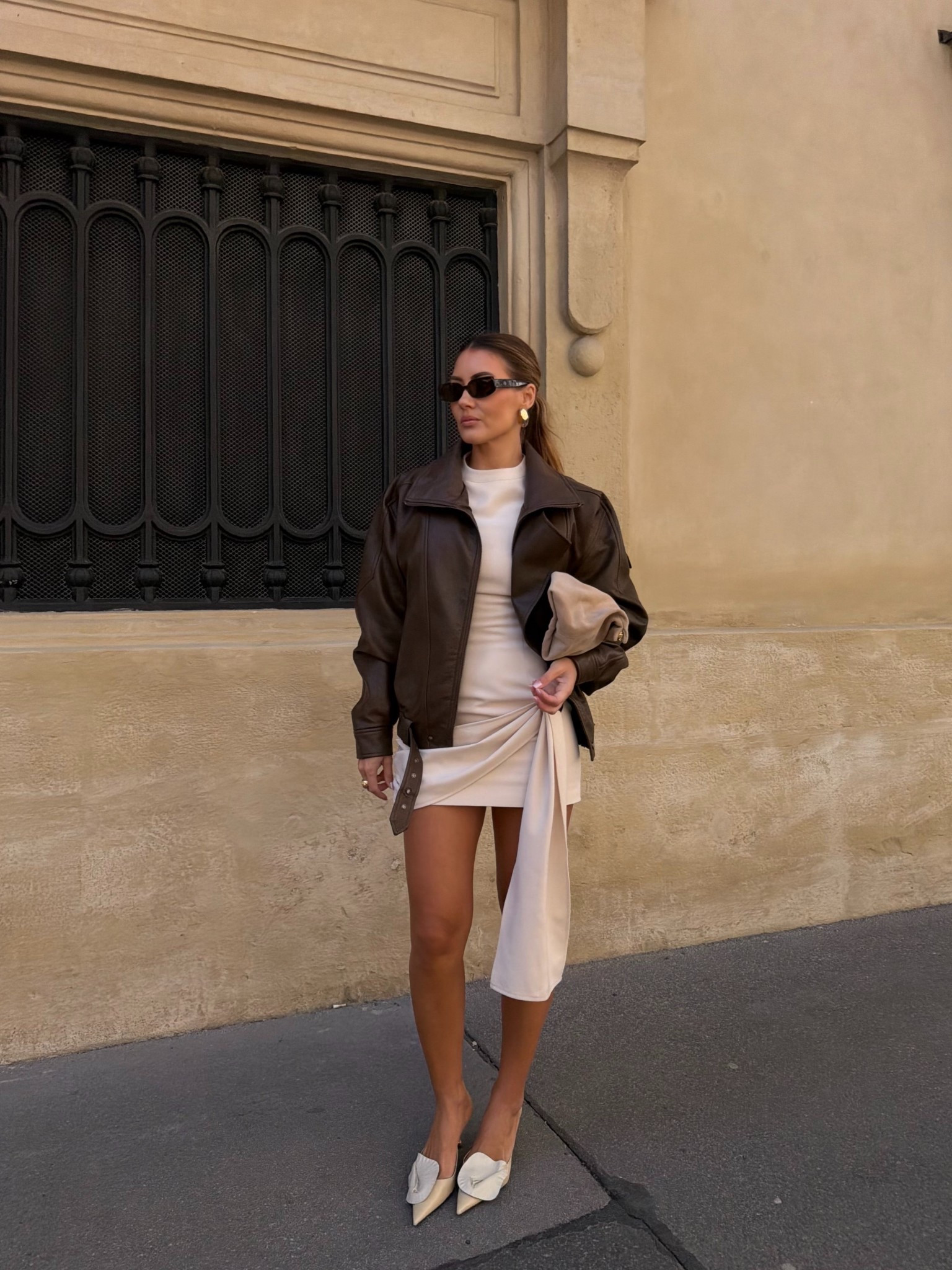
I’m wearing dress in size XS. 

My faux leather jacket is from Eleh and my shoes are from Vanda Novak. I linked some simillar options🫶🏻
