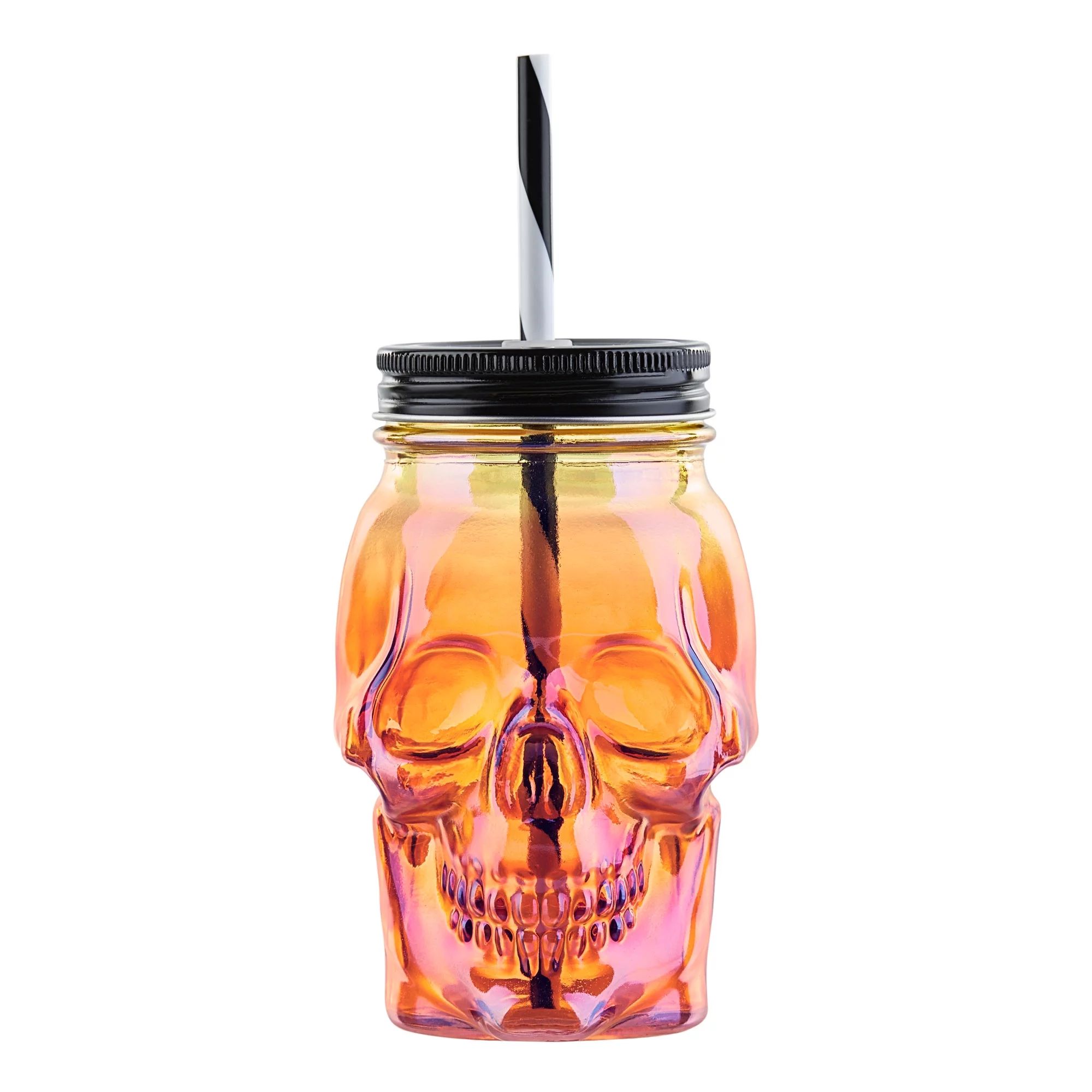 Way To Celebrate Glass Skull Sipper with Lid and Straw, Orange, 18 oz | Walmart (US)