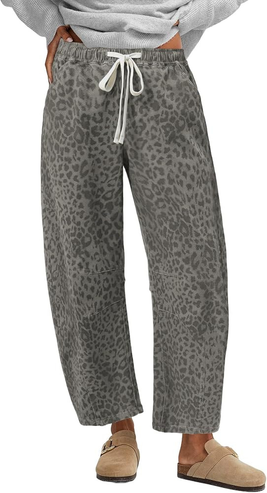 GRAPENT Barrel Jeans for Women Trendy High Waisted Pull On Wide Leg Cropped Leopard Cheetah Print... | Amazon (US)