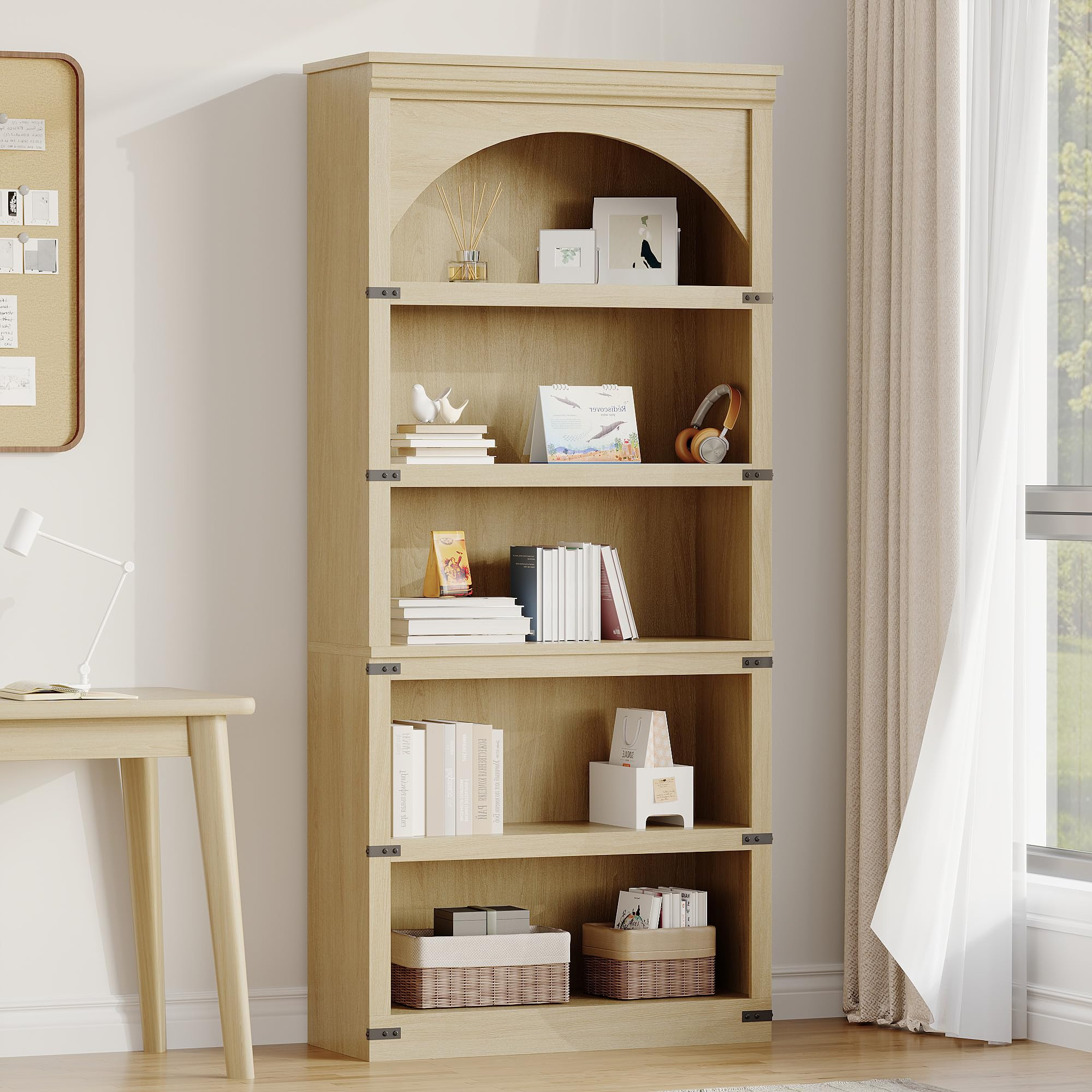 IdealHouse Natural 69 Inch Tall Farmhouse Arched Bookshelf Bookcase with Arch Design Wooden Base 5 Tier Rustic Vintage Shelf for Living Room Office | Lowe's