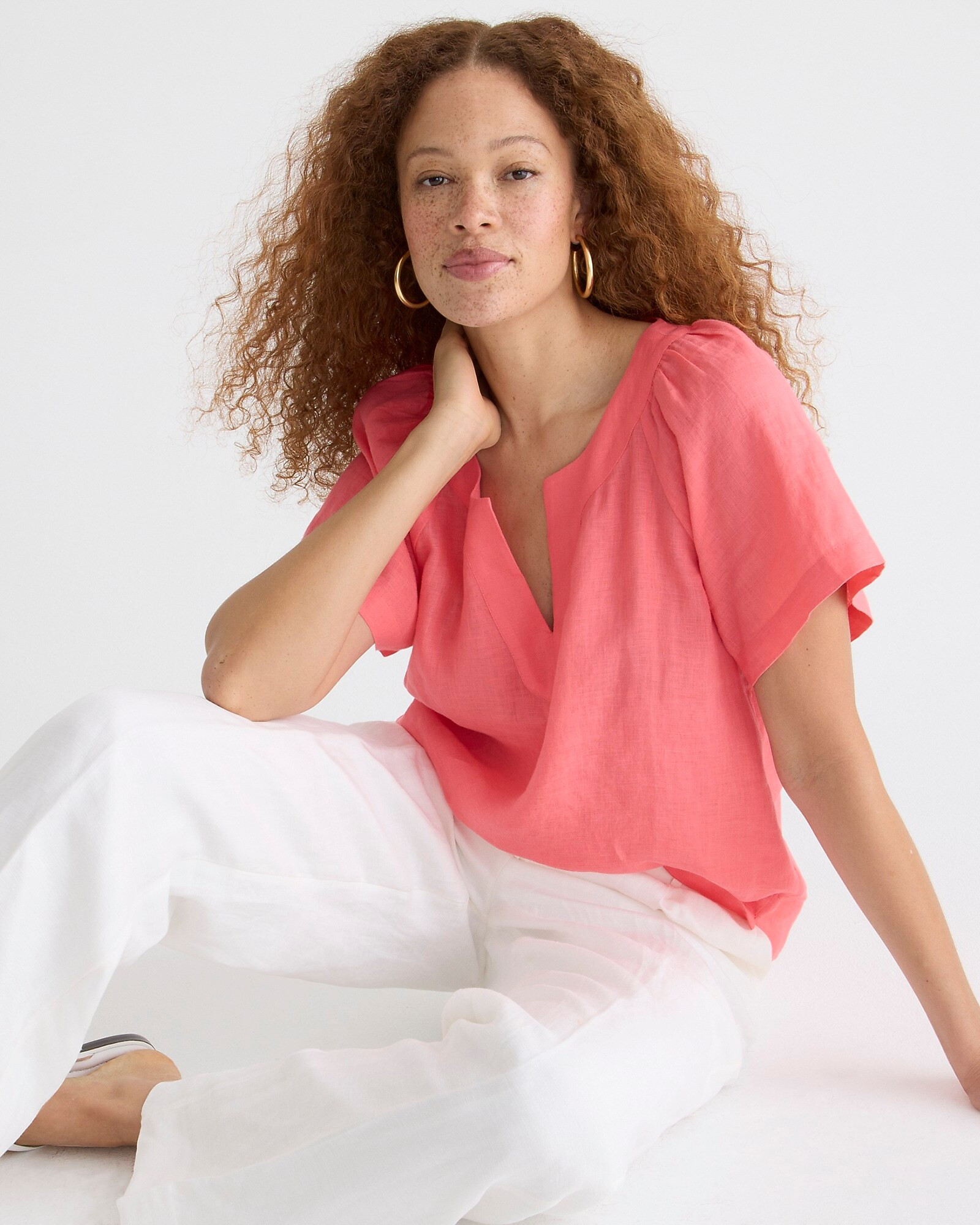 Flutter-sleeve linen V-neck top | J. Crew US
