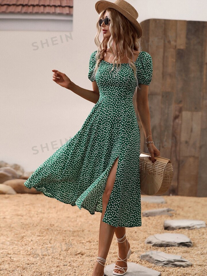 SHEIN VCAY Ditsy Floral Print Puff Sleeve Split Thigh Dress | SHEIN