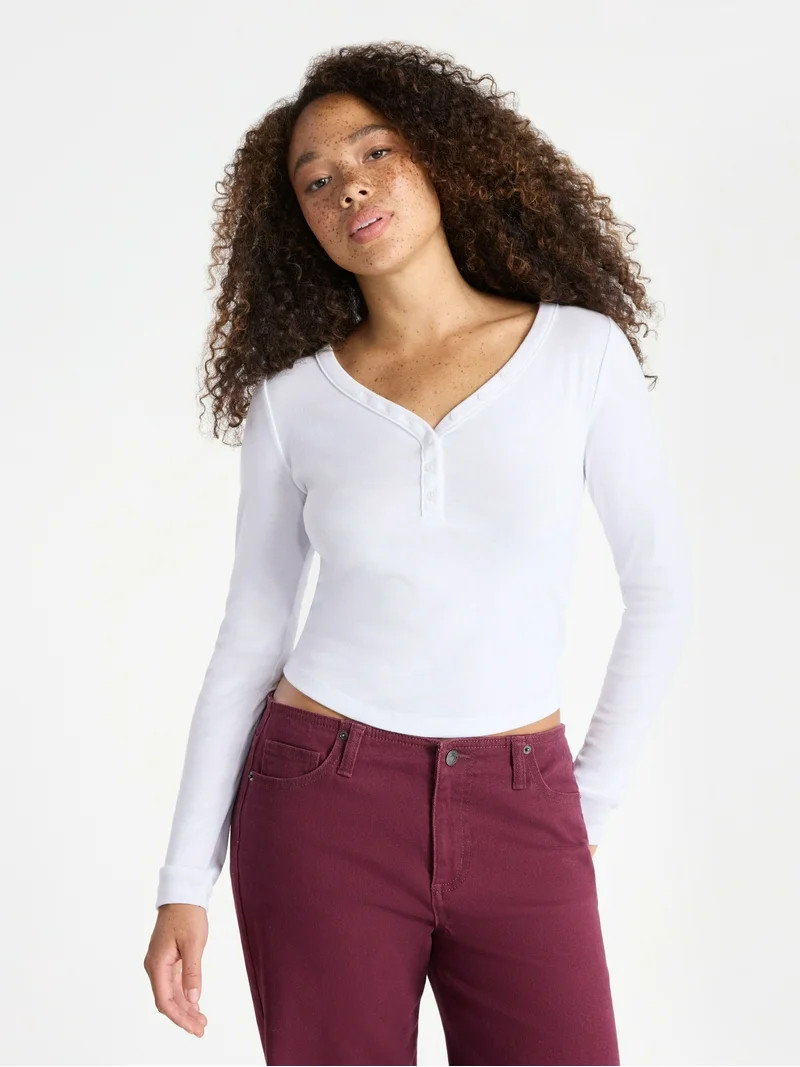 No Boundaries Henley Top with Long Sleeves, Women’s | Walmart (US)