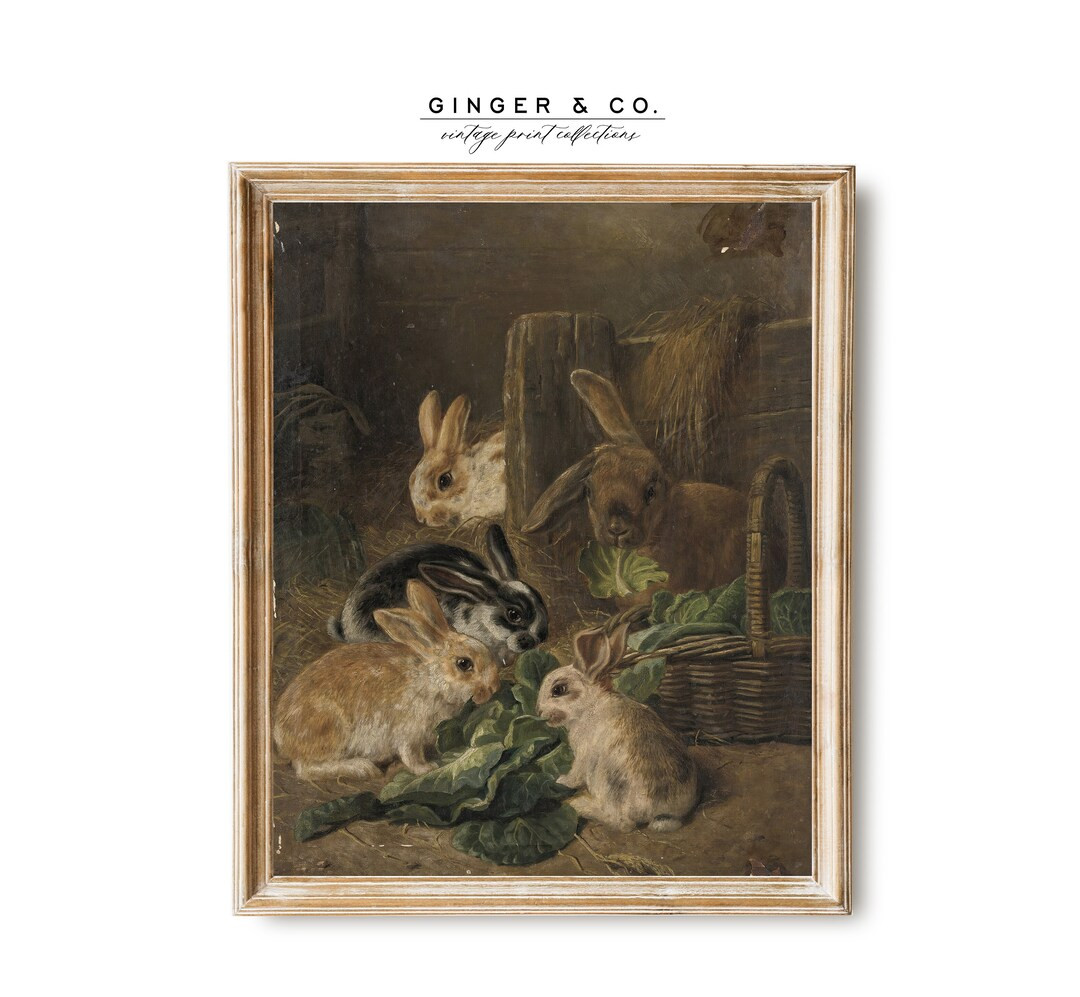 Vintage Rabbit Painting - PRINTABLE DIGITAL DOWNLOAD - French Country Wall Art, Bunnies Eating Ca... | Etsy (US)