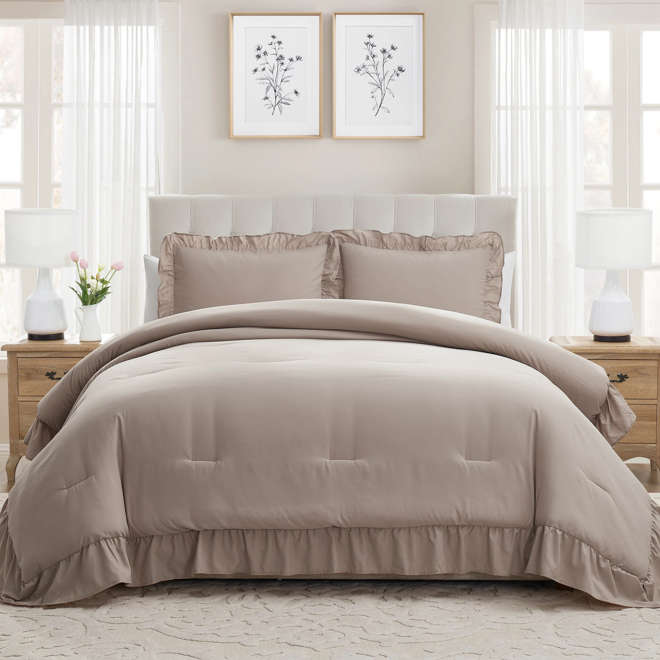My Texas House Delphine 3-Piece Taupe Ruffle Comforter Set, King | Walmart (US)