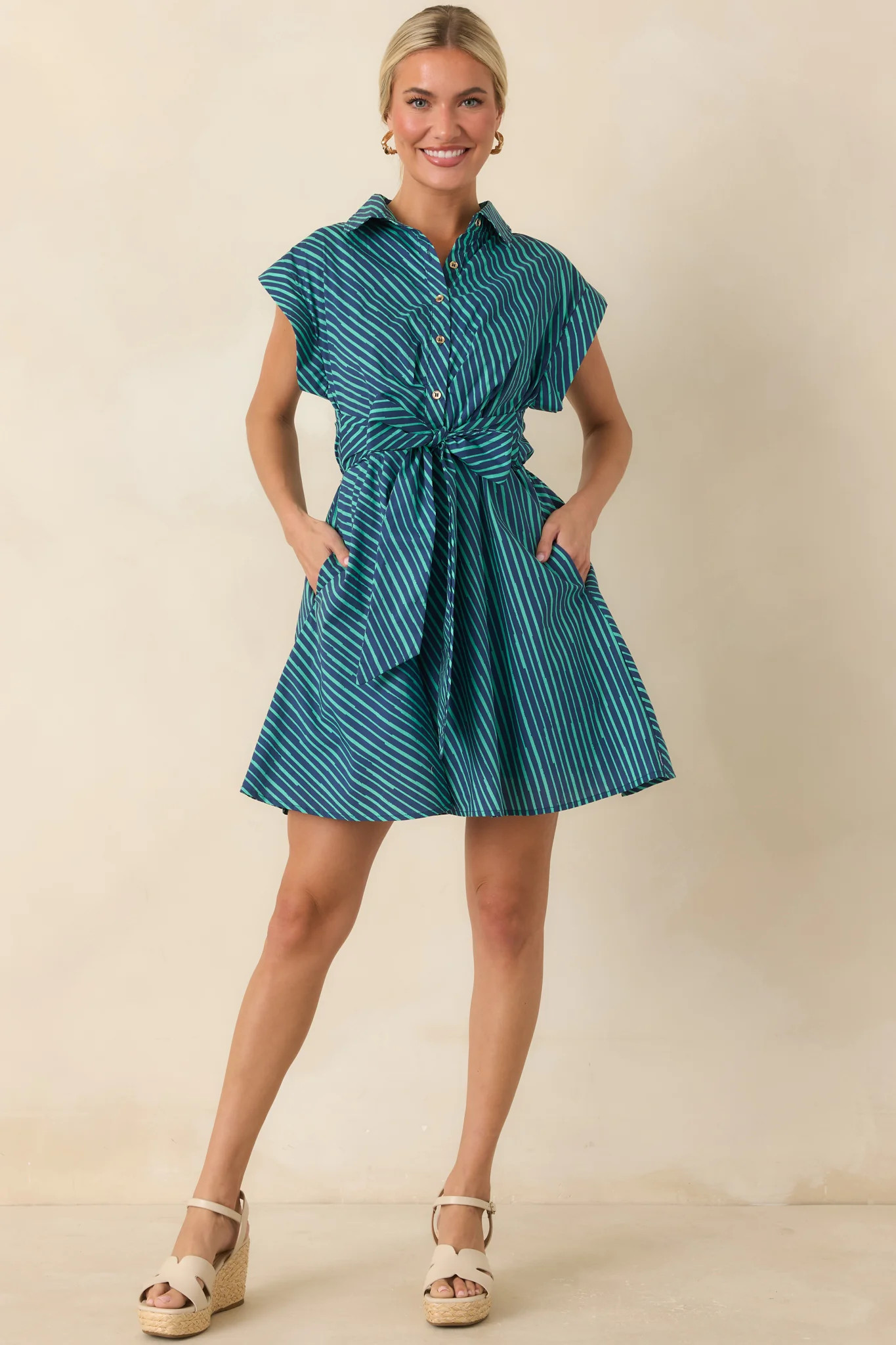 Blurred Lines Teal Stripe Tie Waist Mini Dress | Red Dress