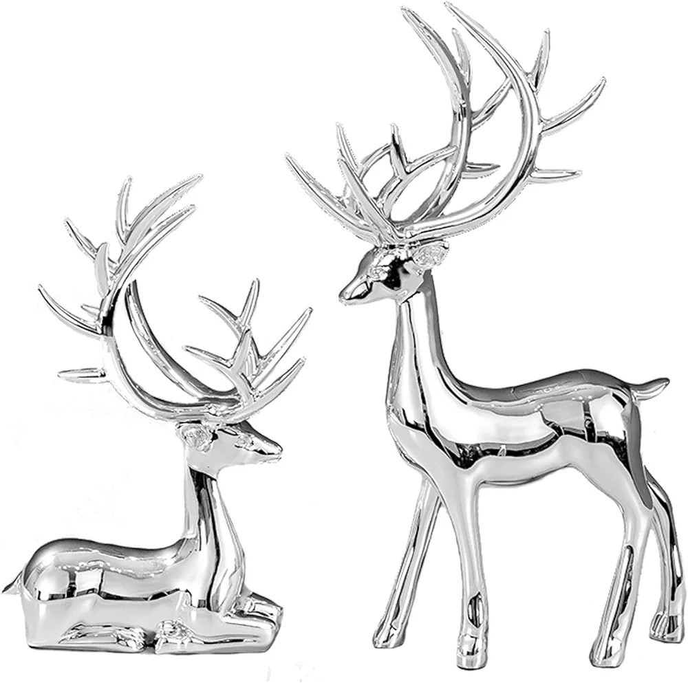 2Pcs Christmas Reindeer Figurines Resin Sitting and Standing Deer Statues Small Elk Sculpture Fig... | Amazon (US)