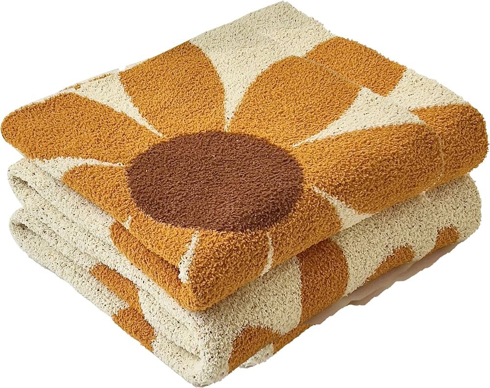 Ultra Soft Cozy Daisy Sunflower Knitted Throw Blanket Fluffy Microfiber Checkerboard Bed Blanket Lightweight Both Sides Blanket for Couch Sofa Bed (Daisy Orange, Throw 50“x60”) | Amazon (US)