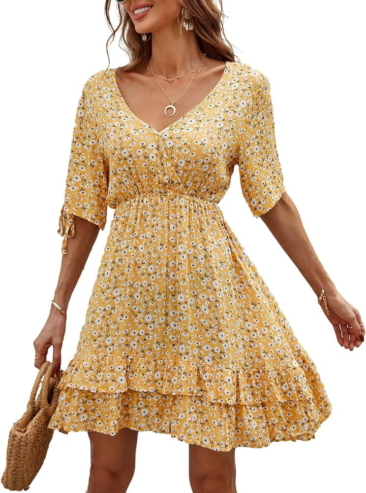 Women's Summer 2023 Casual Dresses Yellow Floral Dress Floral Mini Dress Fall Floral Dress Amazon | Amazon (US)