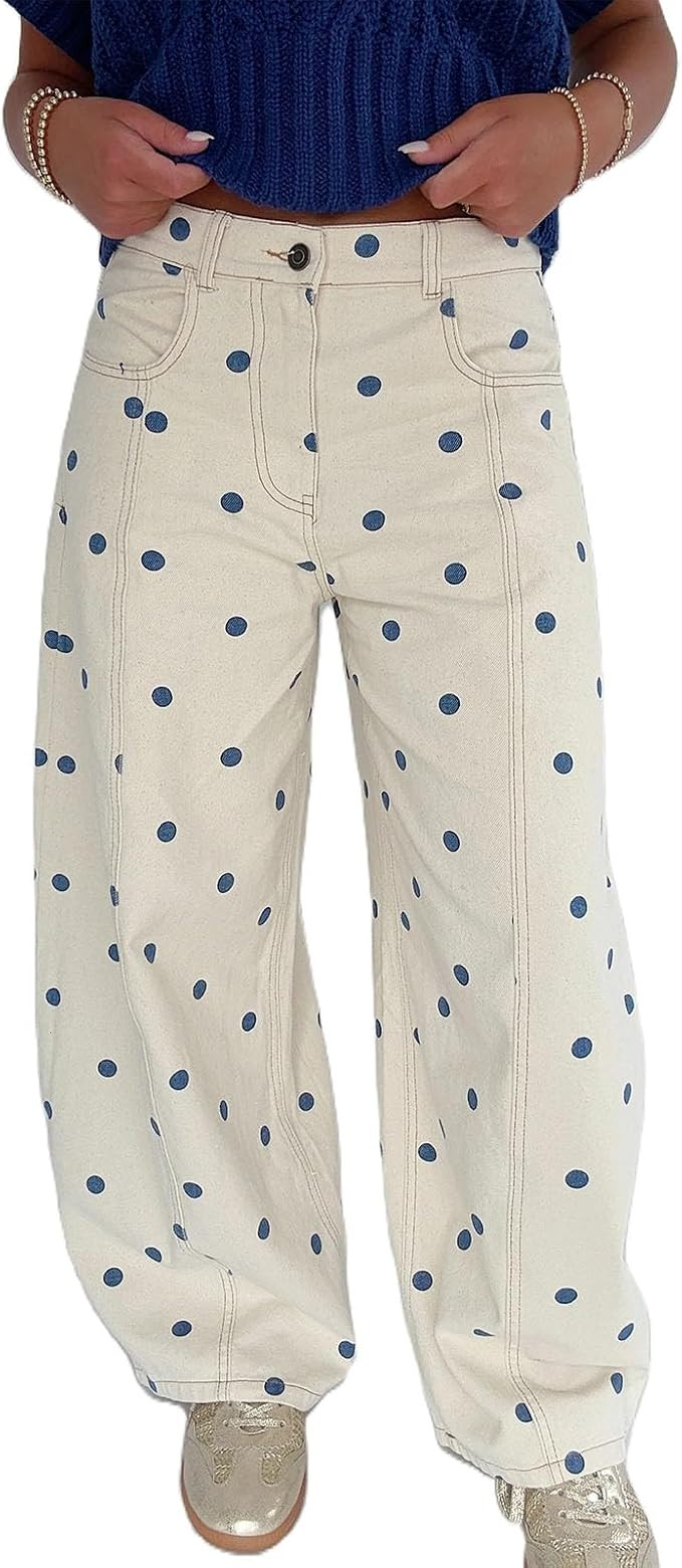 Mxiqqpltky Polka Dot Jeans Women Low Rise Cute Baggy Jeans Y2k Straight Wide Leg Boyfriend Denim ... | Amazon (US)