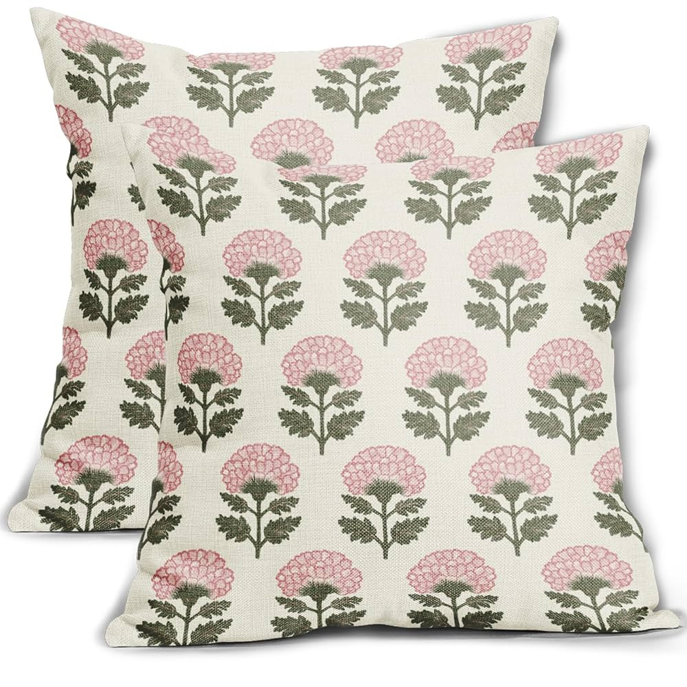 Pink Green Floral Block Print Pillow Covers 18x18 Set of 2 Flower Pattern Cream Spring Summer Dec... | Amazon (US)