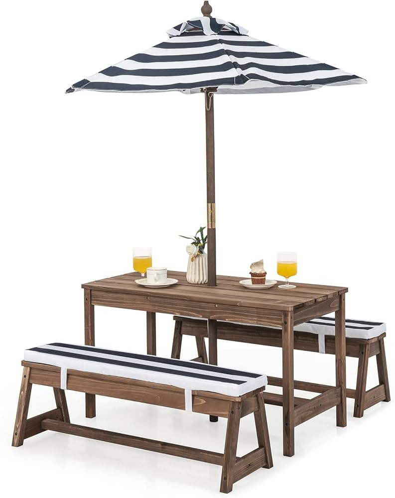 HONEY JOY Kids Picnic Table, Outdoor Wooden Table & Bench Set w/Removable Cushions and Umbrella, ... | Amazon (US)