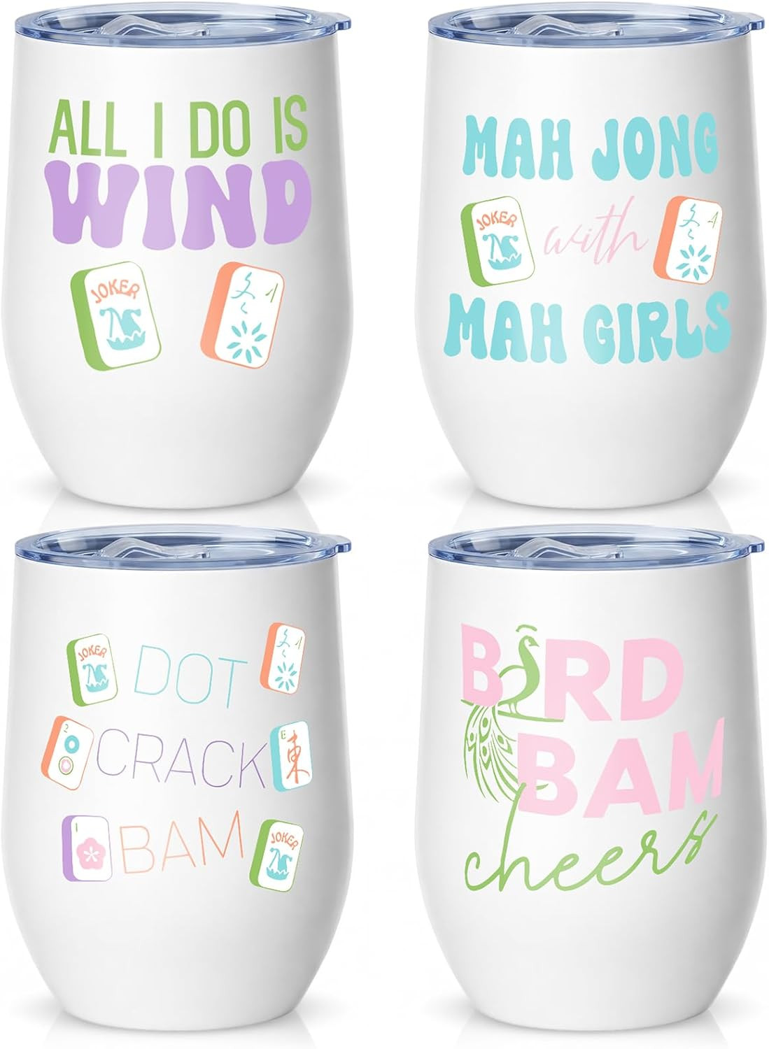 Patelai 4 Pcs Mahjong Tiles Accessories Tumbler, Mah Jong Gifts Stainless Steel Tumbler with Lid and Straw 12oz, Gifts for Mahjong Players Lovers Travel Coffee Cup | Amazon (US)