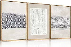 HOURIA Blue White Abstract Neutral Framed Canvas Wall Art Set,Minimalist Boho Waves Lines Wall De... | Amazon (US)