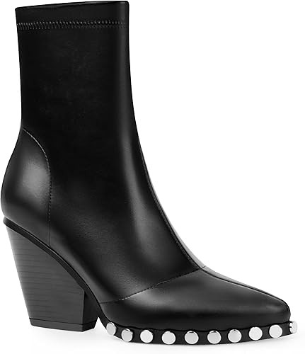 ANN CREEK Women's Studded Short Gogo Boots Pointed Toe Chunky High Heel Stretch Ankle Boots | Amazon (US)