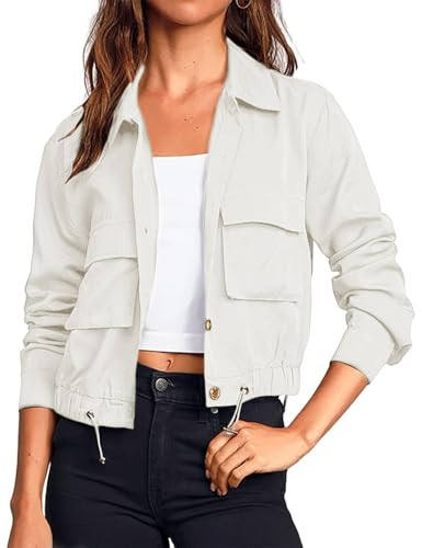 Vimyig Women's Military Safari Cargo Cropped Jackets Button Down Lightweight Button Down Coat with Pockets (Beige-S) | Amazon (US)