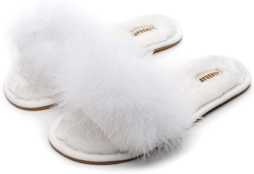 FAYUEKEY Fuzzy Slippers for Women Indoor Fluffy Furry Soft Plush Open Toe Slippers | Amazon (US)