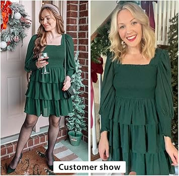 Byinns Women's Square Neck Ruffle Dress Long Sleeve Floral Print Tiered Tie Back Layered Swing Mi... | Amazon (US)