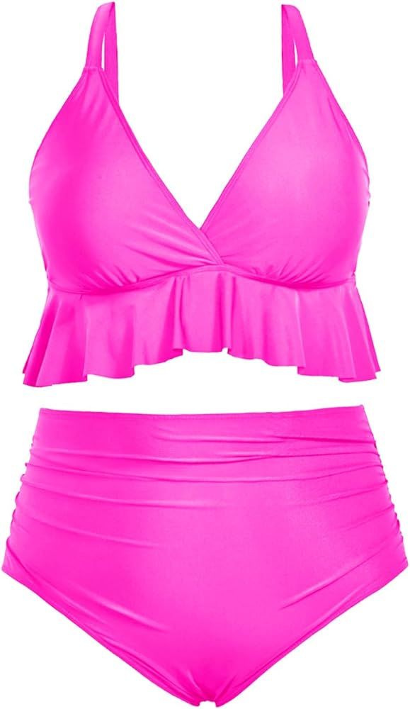 Yonique Women Plus Size Two Piece Swimsuits High Waisted Bikini Set Tummy Control Bathing Suits R... | Amazon (US)