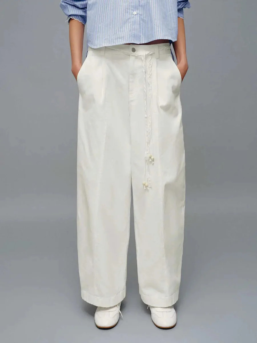 Cotton Blend String Detail Wide Leg Pants | Urban Revivo