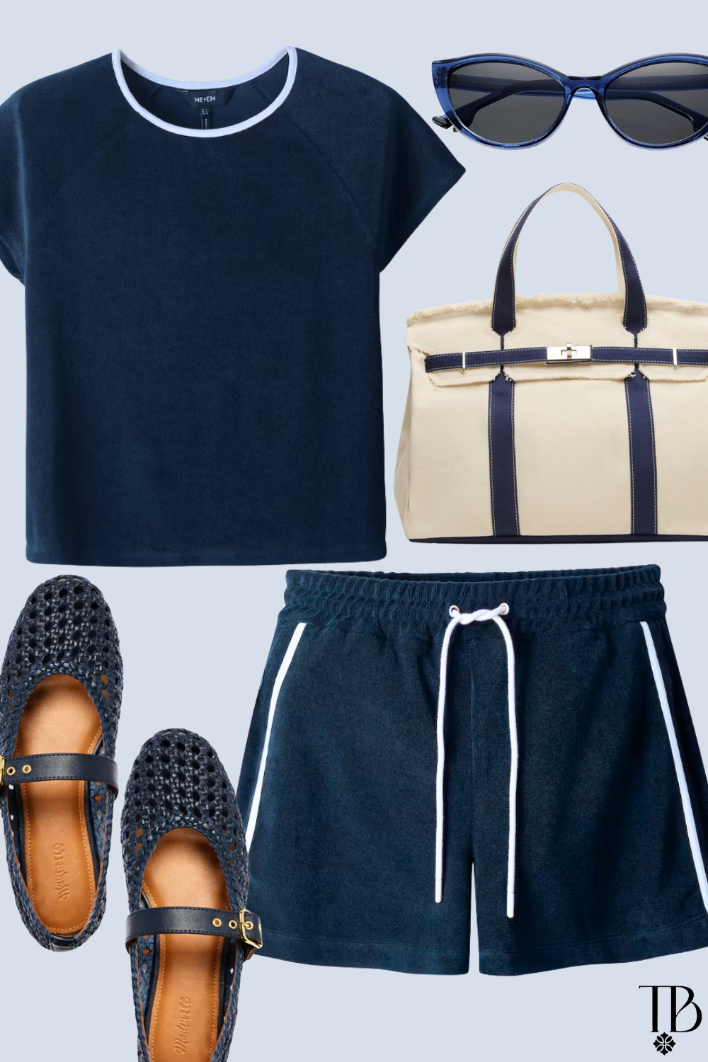 Navy coastal chic ⚓️ The easiest elevated summer set for travel days, coffee runs, beach towns, and looking effortlessly put together. Paired with woven flats, a classic tote, and sleek sunnies for that quiet luxury coastal vibe. 💙 #LTKTravel #LTKStyle #CoastalStyle #SummerOutfit 

 