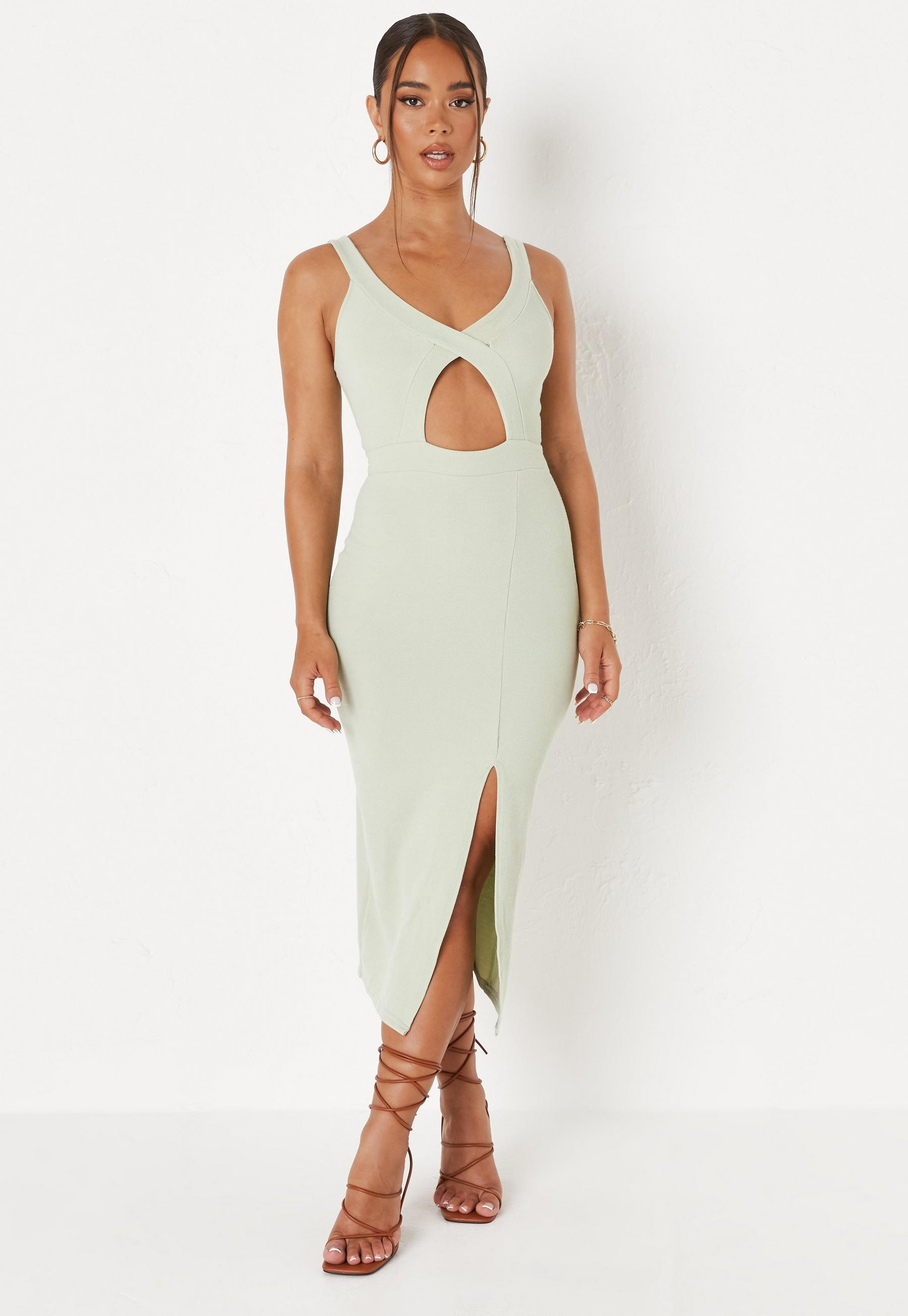 Sage Strappy Rib V Neck Cut Out Midaxi Dress | Missguided (US & CA)