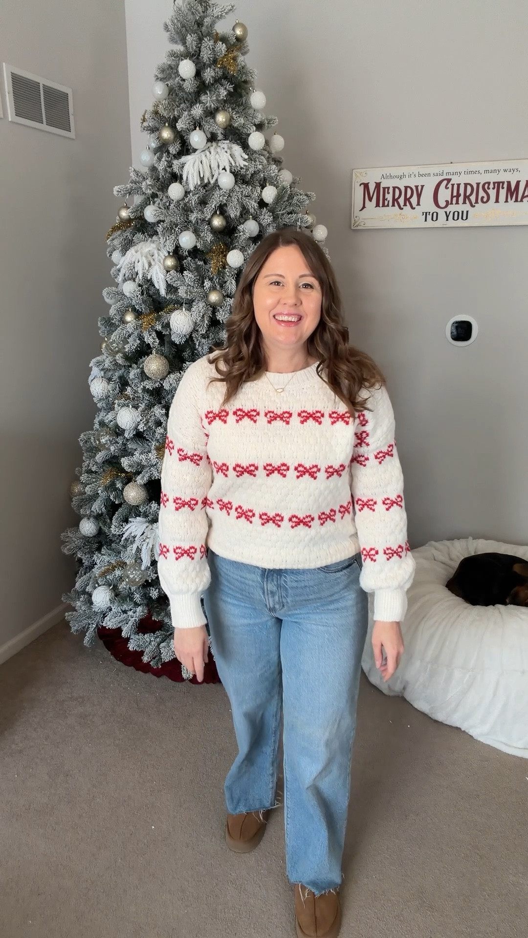 ✨ Score my fit for 50% off for Cyber Monday! 🤍🙌 This bow sweater is the cutest and ridiculously cozy, and these baggy jeans fit like a dream. Linking everything ⬇️ 

#CyberMondayDeals #CozyFit #OOTD #HolidaySweater #HolidayFit

#LTKCyberWeek 

#LTKGiftGuide #LTKHoliday #LTKSaleAlert