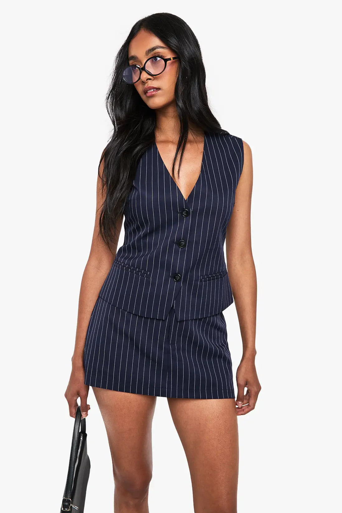 Navy boohoo Pinstripe Tailored Button Waistcoat | PrettyLittleThing USA | PrettyLittleThing US