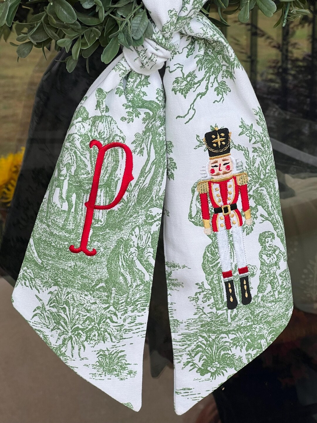Nutcracker Christmas Wreath Sash| Green Toile Door Decor | Grandmillennial Christmas Decor | Fron... | Etsy (US)