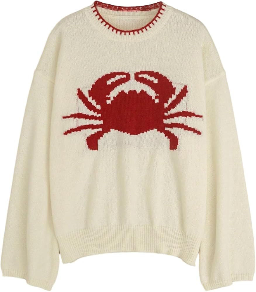 SHENHE Women's Oversized Sweater Y2K Graphic Crab Print Crew Neck Knit Sweater Pullover | Amazon (US)