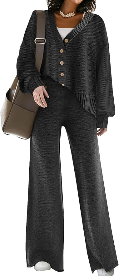 Womens Two Piece Outfits Sweater Sets Open Front Knit Cardigan and Wide Leg Pants Sweatsuit Loung... | Amazon (US)
