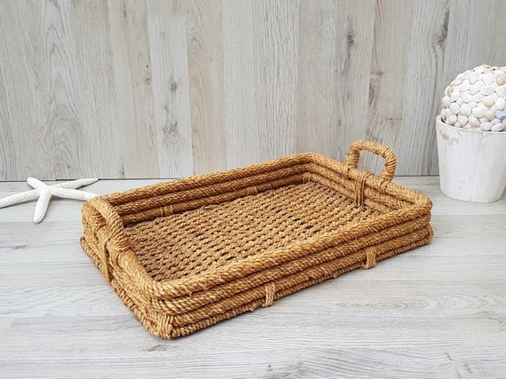 Vintage wicker serving tray, Breakfast tray, Coffee tray, Sturdy, Coastal decor, Farmhouse decor | Etsy (US)