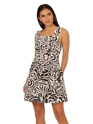 Adrianna Papell Women's Scallop Edged Short Dress, Black/Ivory | Amazon (US)