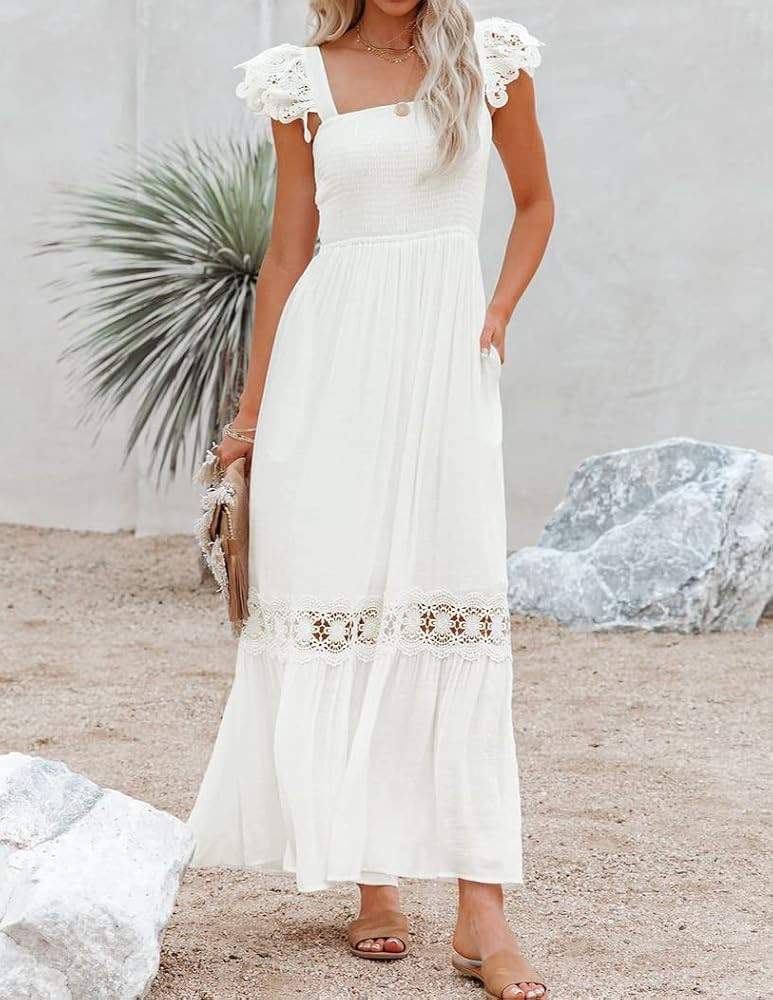 ZESICA Women's Summer Lace Strap Sleeveless Square Neck Smocked High Waist Ruffle Hollow Out Flow... | Amazon (US)