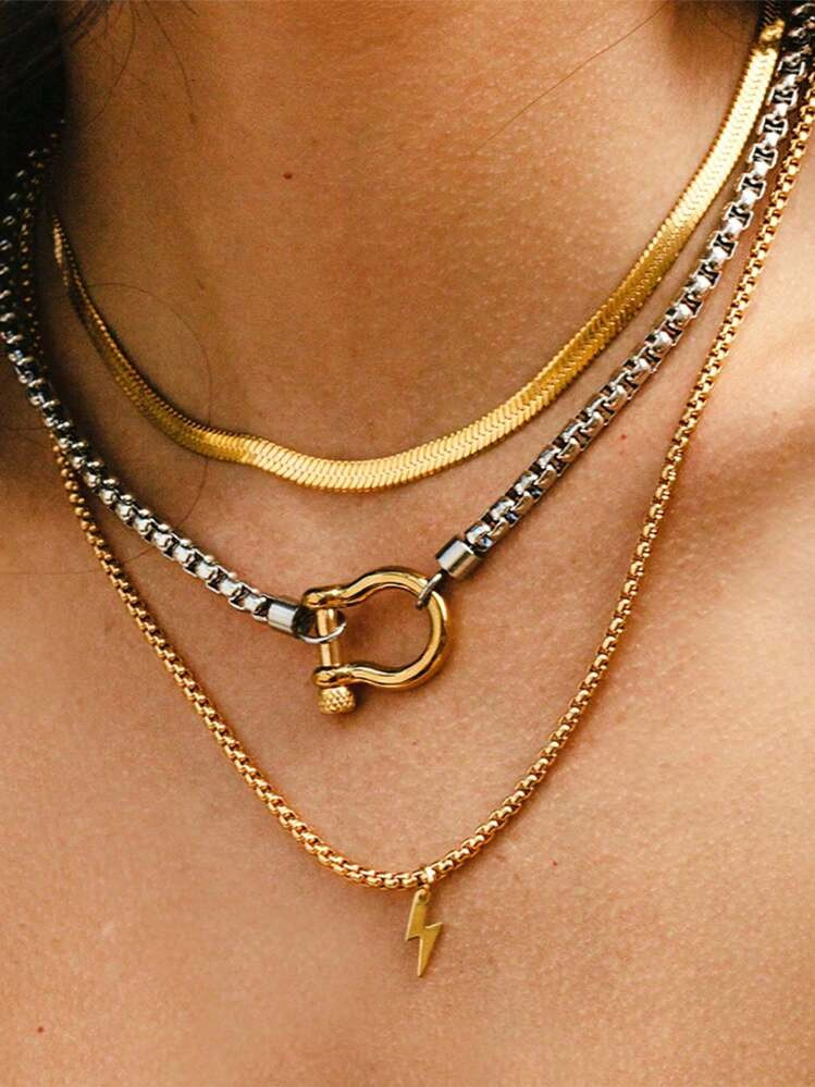 Waterproof Jewelry 18K Gold Plate Stainless Steel Box Chain Choker Double Color Chunky Buckle Pen... | SHEIN