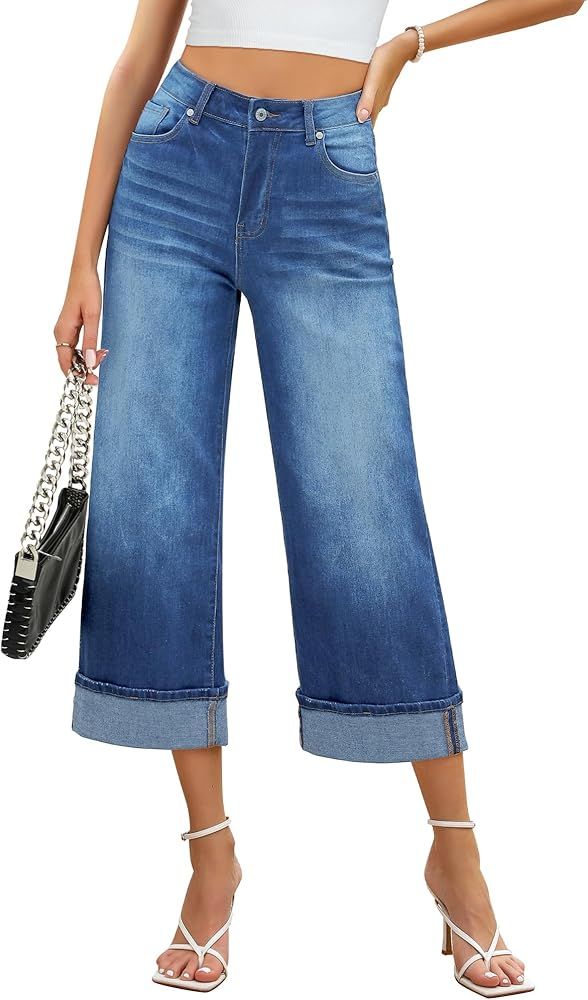 GRAPENT Wide Leg Jeans for Women High Waisted Stretchy Denim Capri Pants Fold Hem Cropped Baggy C... | Amazon (US)