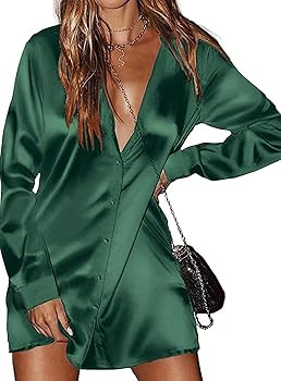 Zeagoo Stain Long Sleeve Button Down Shirts Tunic Dresses Mini Dress | Amazon (US)