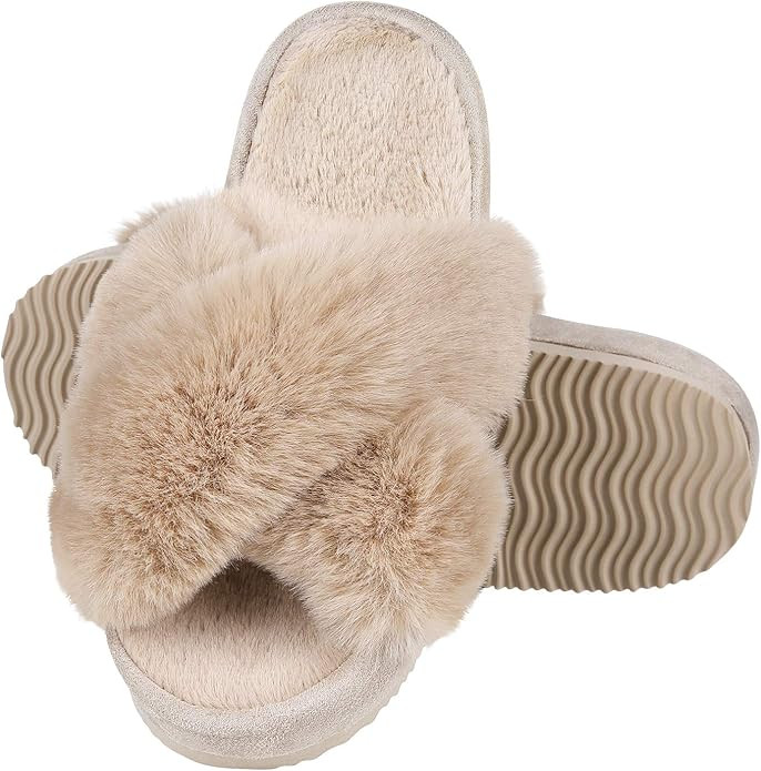 Comwarm Women's Cross Band Fuzzy Slippers Fluffy Open Toe House Slippers Cozy Plush Bedroom Shoes... | Amazon (US)