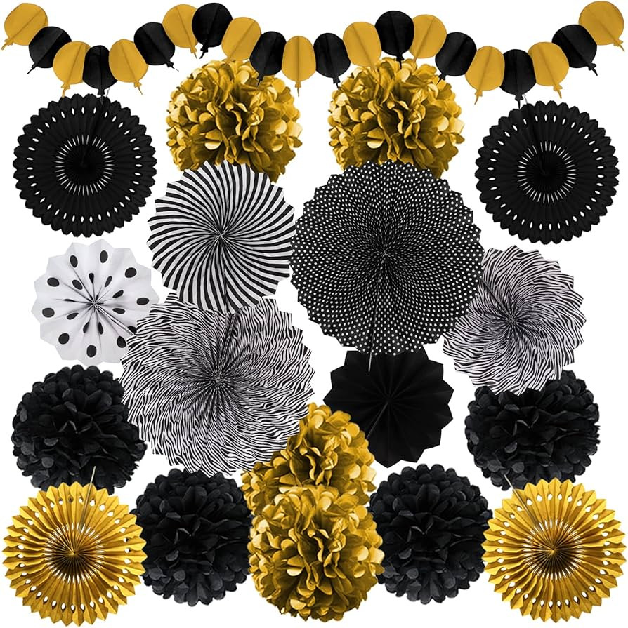 Black and Gold Decorations, Paper Pompoms Fan for Graduation Birthday Wedding Prom Night New Year... | Amazon (US)