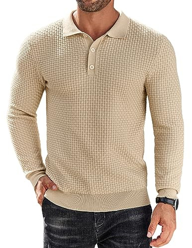 COOFANDY Men's Long Sleeve Polo Shirt 3 Button Up Knit Sweater Polo Lightweight Fashion Golf Tee Shirts Apricot | Amazon (US)