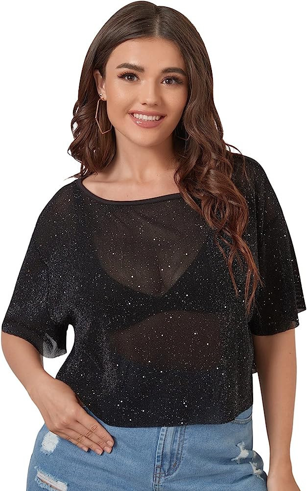 Romwe Women's Plus Size Glitter See Through Mesh Tee Short Sleeve Sheer Crop Tops T Shirt | Amazon (US)
