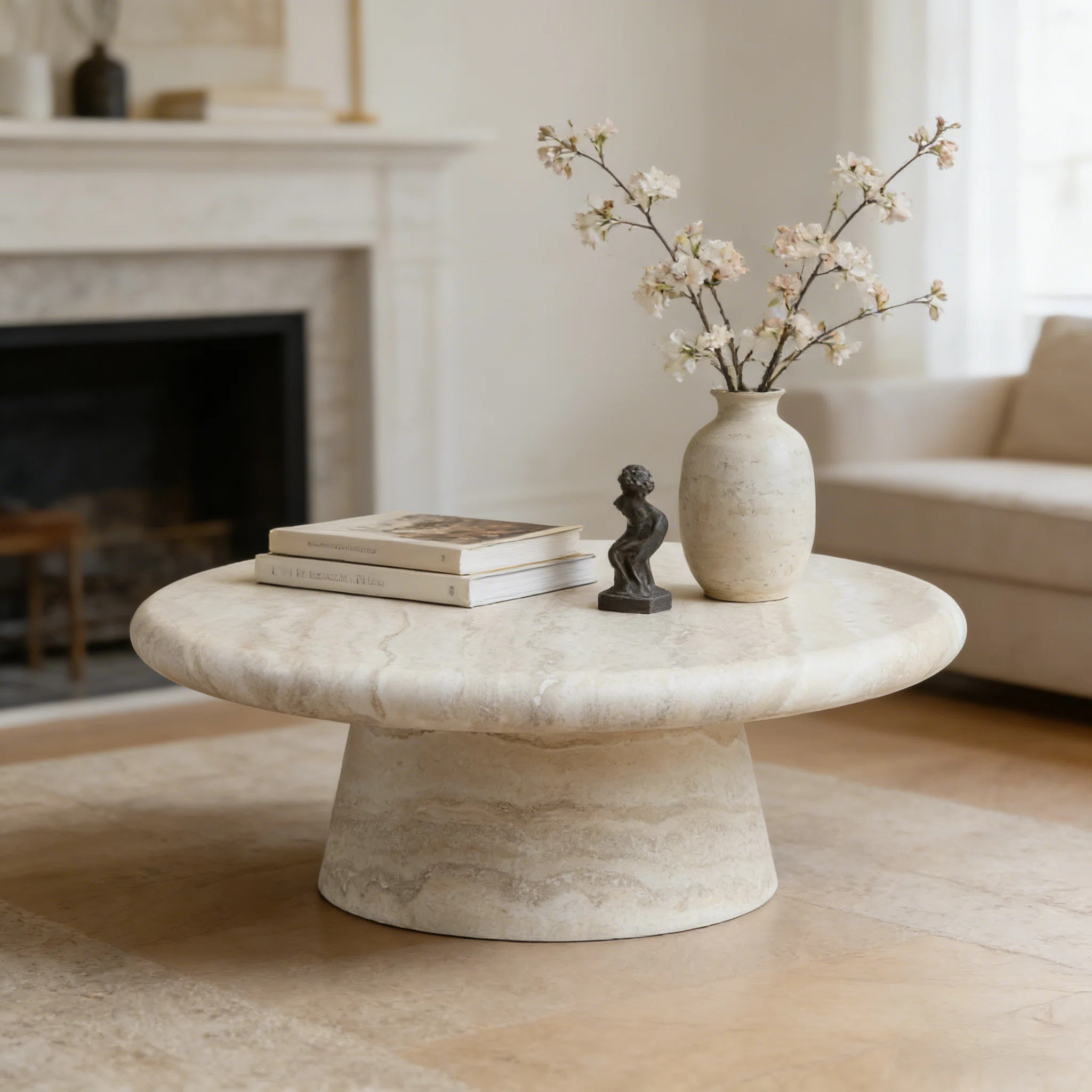 George Oliver Scandinavian-Inspired Cream Marble Pedestal Coffee Table: A Minimalist, Textured Ce... | Wayfair North America