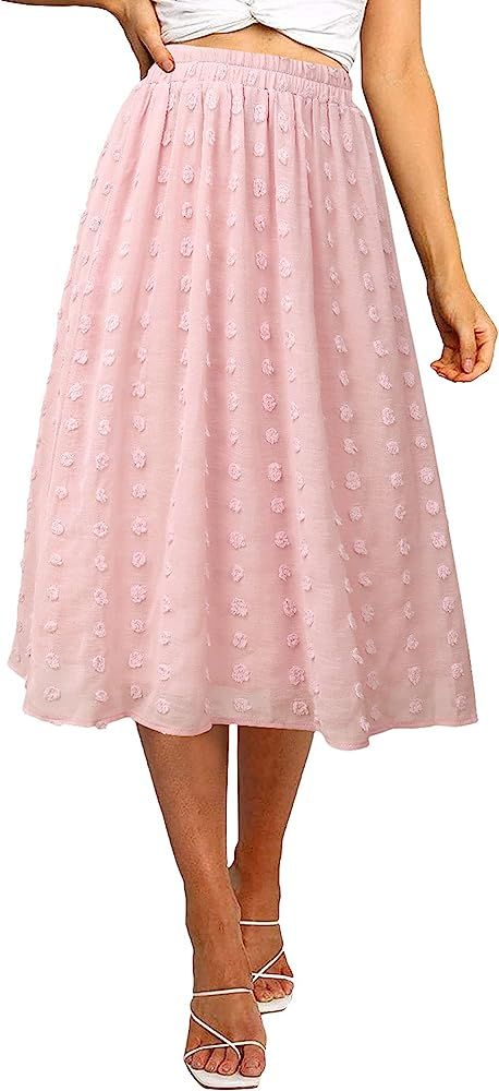 Ezcosplay Women's Boho Swiss Dot High Elastic Waist Pleated A-Line Midi Skirt | Amazon (US)