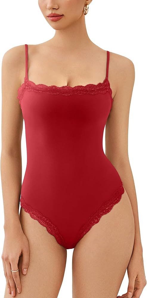 REORIA 2025 Lace Bodysuit for Women Square Neck Sleeveless Spaghetti Strap Sexy Tank Top Thong Bo... | Amazon (US)